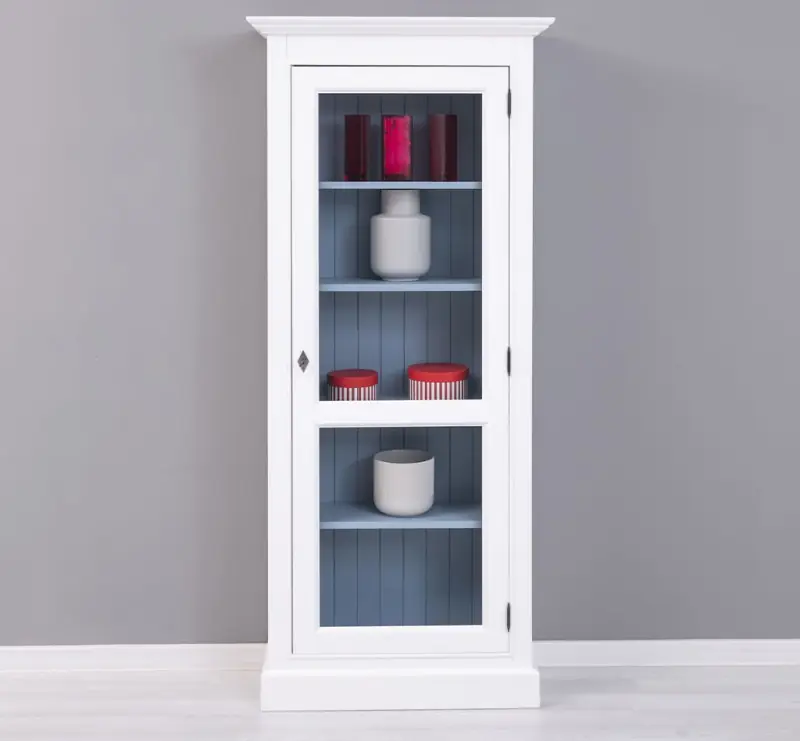 Garantierte Lieferung schmale Glasvitrine mit 1 Tür - Landhausstil Vitrine