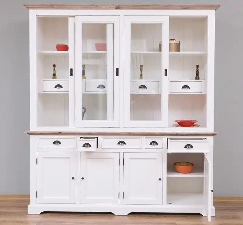 Vitrine mit 9 Schubladen, 4 geschlossenen Türen und 4 Glas Schiebetüren - Landhaus Vitrine Zertifiziert
