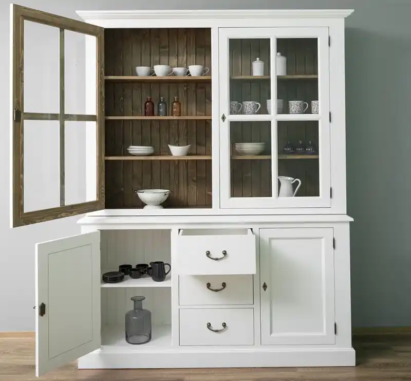 Mega-Angebot Küchenvitrine 179 cm breit mit Schubladen Landhaus Vitrine Wohnzimmerschrank