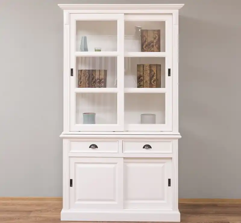 Vitrine 128 cm Landhausstil – Weiß lackiert, Schiebetüren & Schubladen Nur Für Kurze Zeit