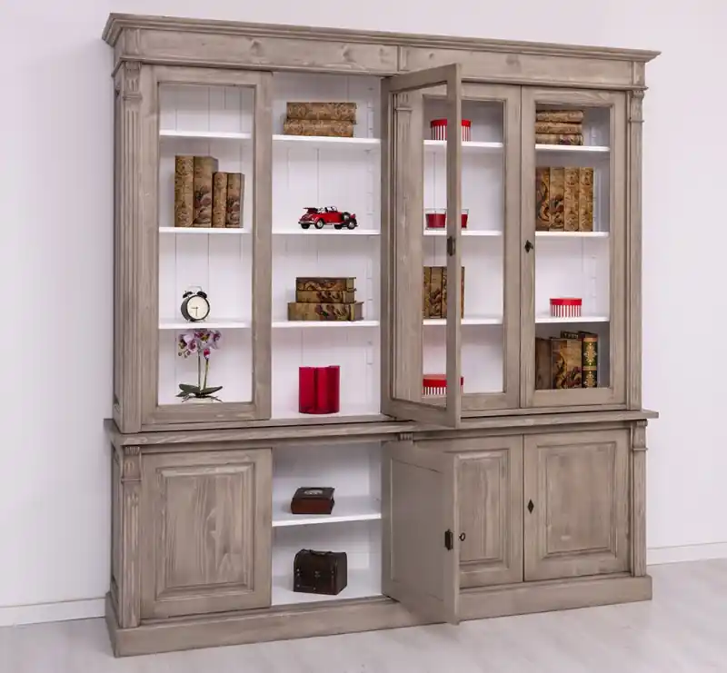 Vielseitige Vitrine 223 cm breit mit 4 Glastüren und geschlossenen Türen - Landhaus Vitrine Zertifiziert