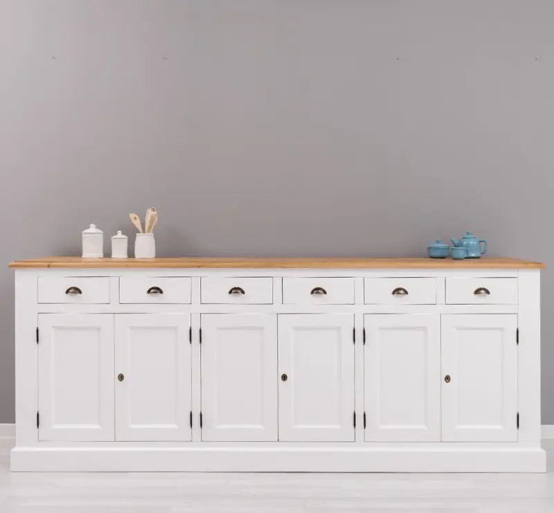 Landhaus Sideboard mit 6 Türen und 6 Schubladen mit Eichenplatte Kommode 239 cm Knallerangebot