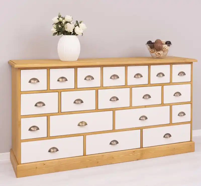 Geprüft Apothekerschrank 180 cm breit, 19 Schubladen Kommode Landhaus