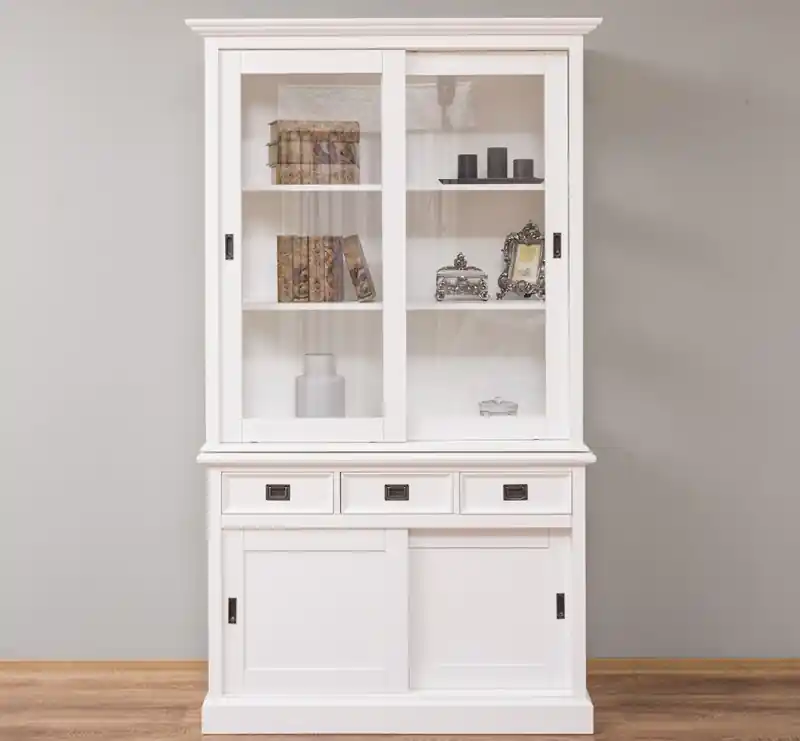 Knallerangebot Glasvitrine 150 cm breit mit Schubladen und Schiebetüren - Landhaus Vitrine