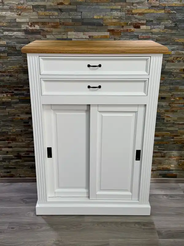 Vincenza Highboard Massivholz – Weiß & Eiche Natur, 140×100×50 cm Markenprodukt