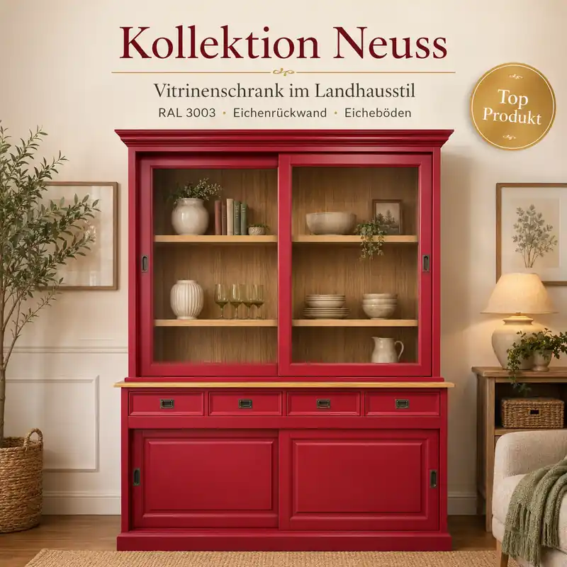 Letzte Chance Landhaus Vitrinen Schrank Neuss 180 cm Rot mit Eichenrückwand