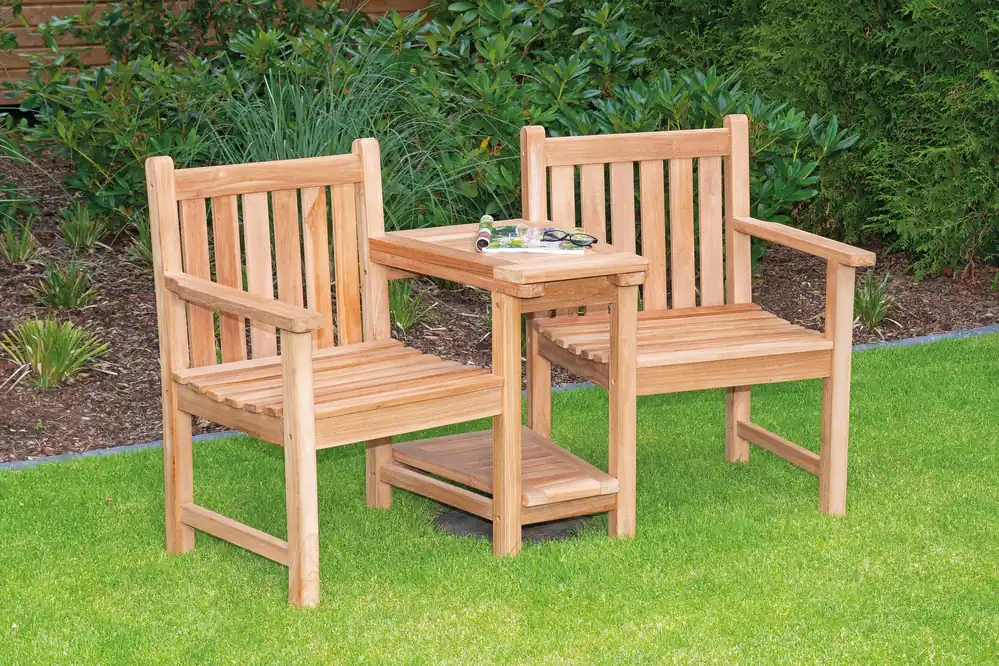 Neu Im Sortiment BAKERSFIELD Duo-Sessel aus Teakholz mit Sitzkissen – 2-Sitzer Gartensessel