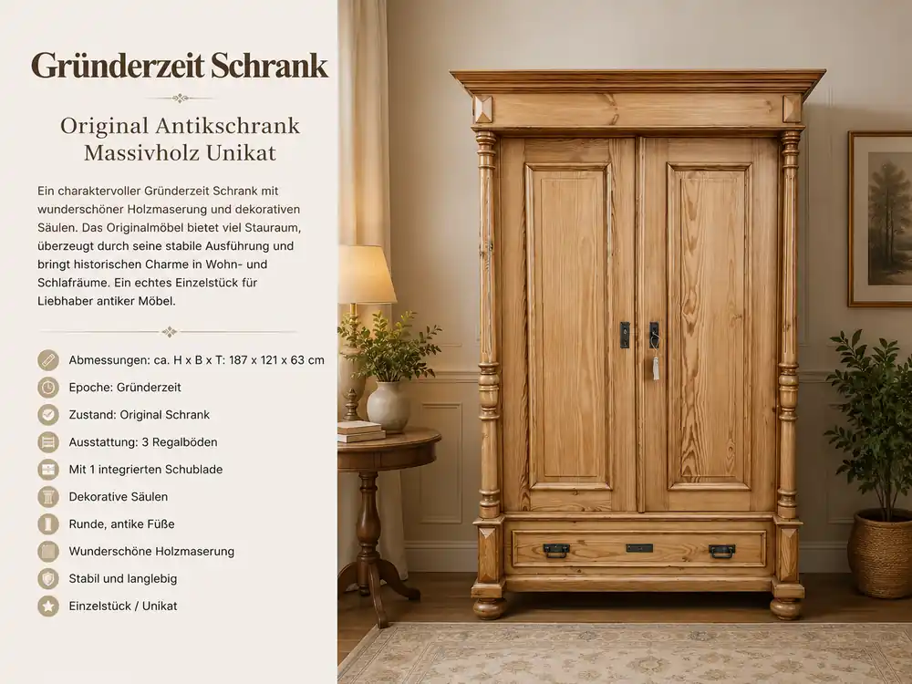 Neuheit Gründerzeit Dielenschrank mit Säulen – Antikschrank mit Schublade