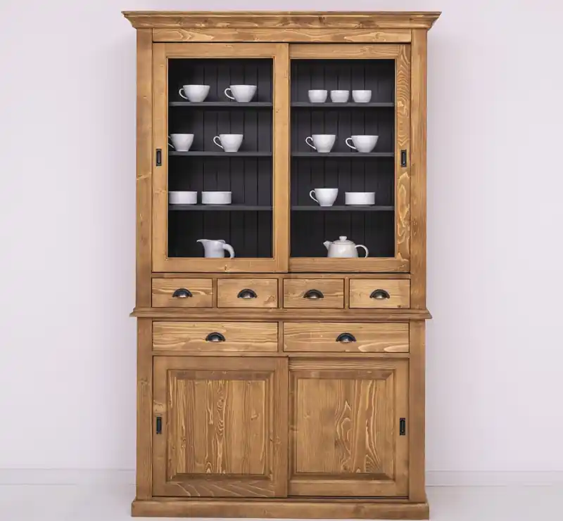 Sale Massive Landhaus Kiefer Vitrine mit Glasschiebetüren – 142 x 225 cm
