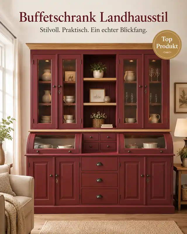 Angebot Landhaus Buffet Schrank Berlin 200 cm Rubinrot mit Eiche- Landhaus Möbel