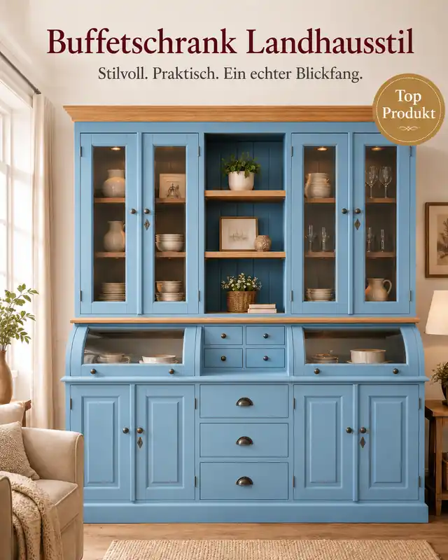 Landhaus Buffet Schrank Berlin 200 cm Lichtblau mit Eiche- Landhaus Möbel Aktuell