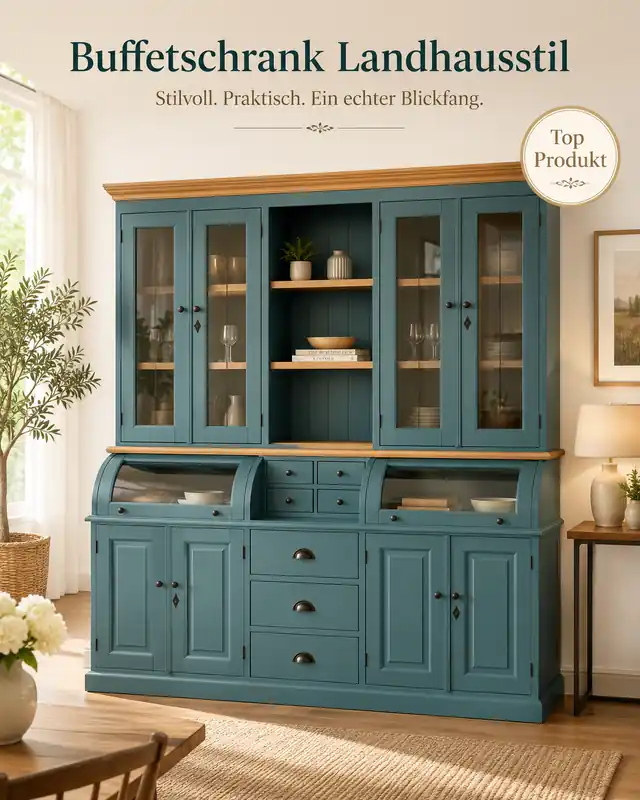 Landhaus Buffet Schrank Berlin 200 cm Wasserblau mit Eiche- Landhaus Möbel Preiswert