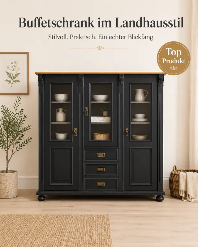 Premium Jugendstil Vitrine aus Weichholz – Landhaus-Stil, schwarz lackiert, handgefertigt Garantierte Lieferung