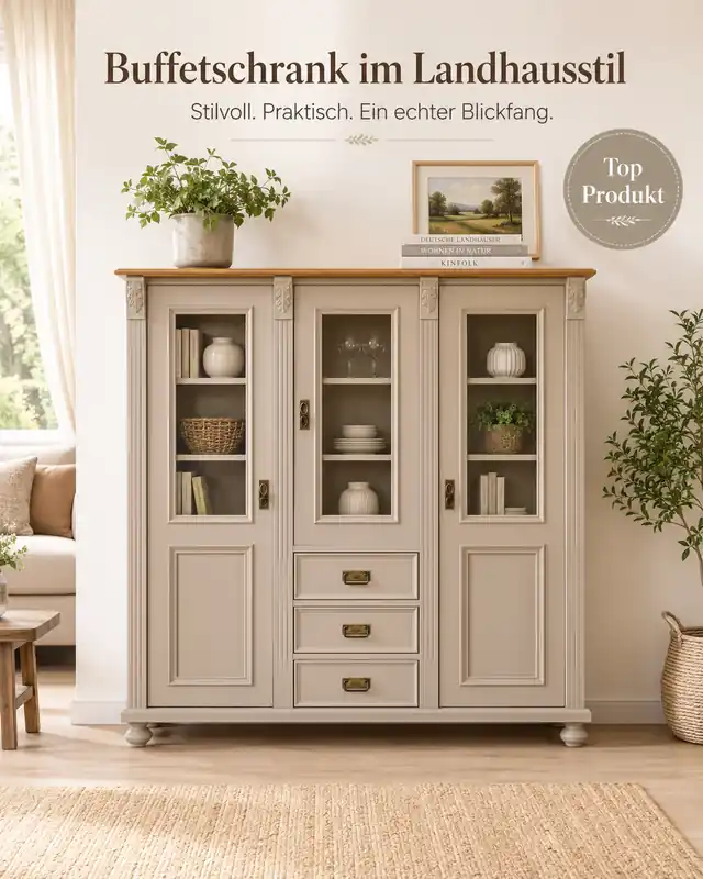Preisknaller Premium Jugendstil Vitrine aus Weichholz – Landhaus-Stil, graubeige lackiert, handgefertigt