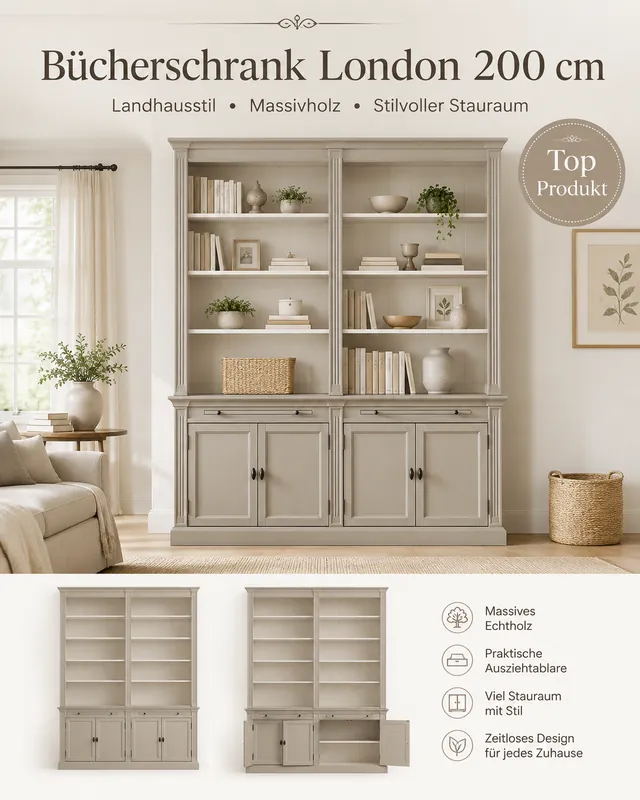 Bücherschrank London 200 cm - 2-teiliges Bücherregal im Landhausstil, graubeige Online Kaufen
