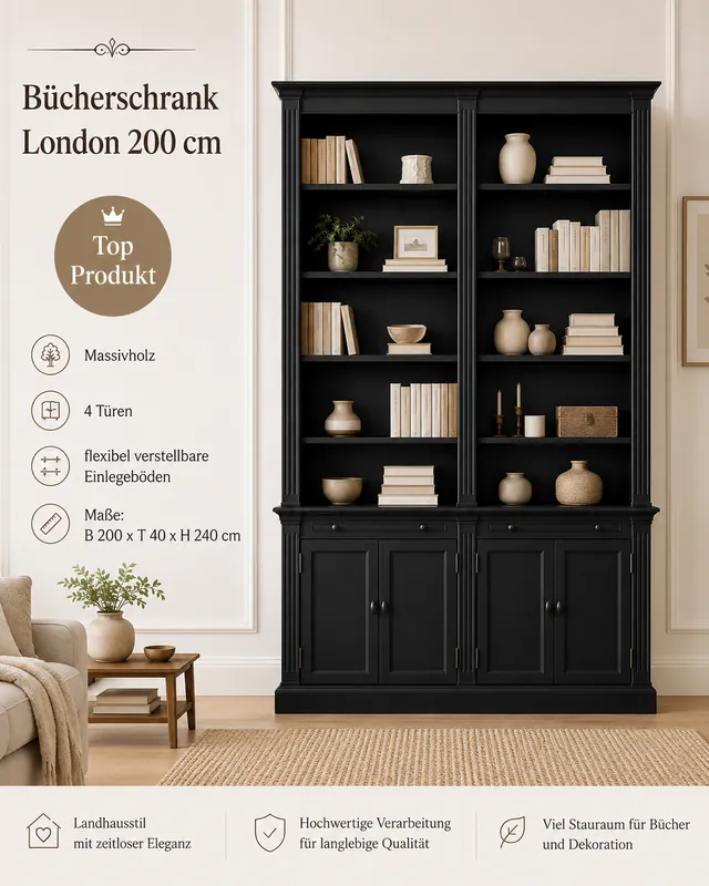 Markenware Bücherschrank London 200cm - 2-teiliges Bücherregal im Landhausstil Schwarz