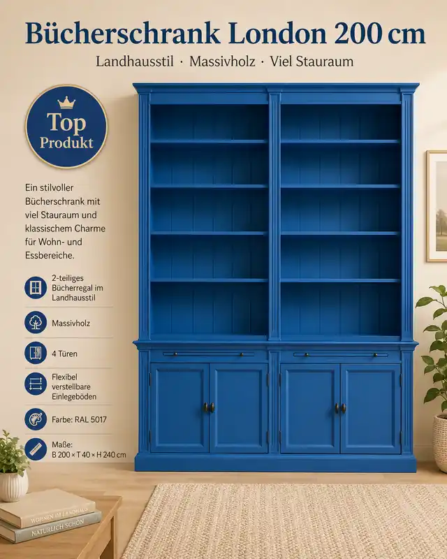 Bücherschrank London 200cm - 2-teiliges Bücherregal im Landhausstil blau Jetzt Bestellen