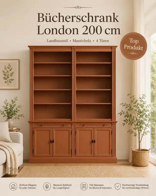 Bücherschrank London 200cm - 2-teiliges Bücherregal im Landhausstil Kupferbraun Aktuell