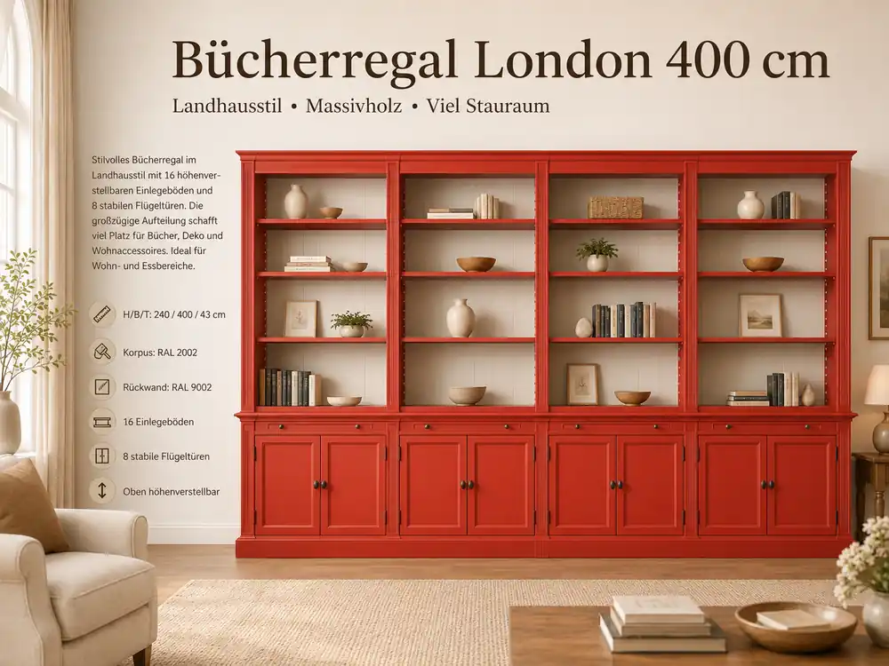 Ausverkauf Bücherschrank London 400 cm - mehrteilig Bücherregal im Landhausstil Blutorange
