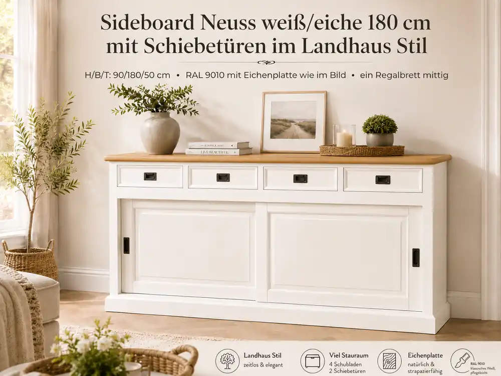 Sonderaktion Sideboard Neuss weiss/eiche 180 cm mit Schiebetüren im Landhaus Stil