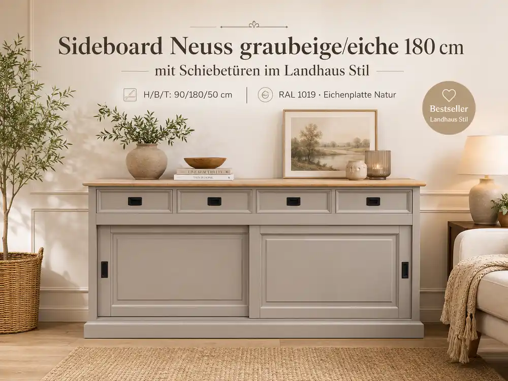 Sideboard Neuss graubeige/eiche 180 cm mit Schiebetüren im Landhaus Stil Solange Der Vorrat Reicht