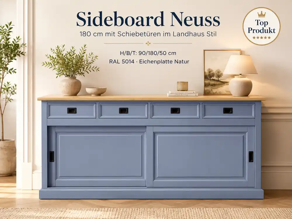 Meistverkauft Sideboard Neuss taubenblau/eiche 180 cm mit Schiebetüren im Landhaus Stil