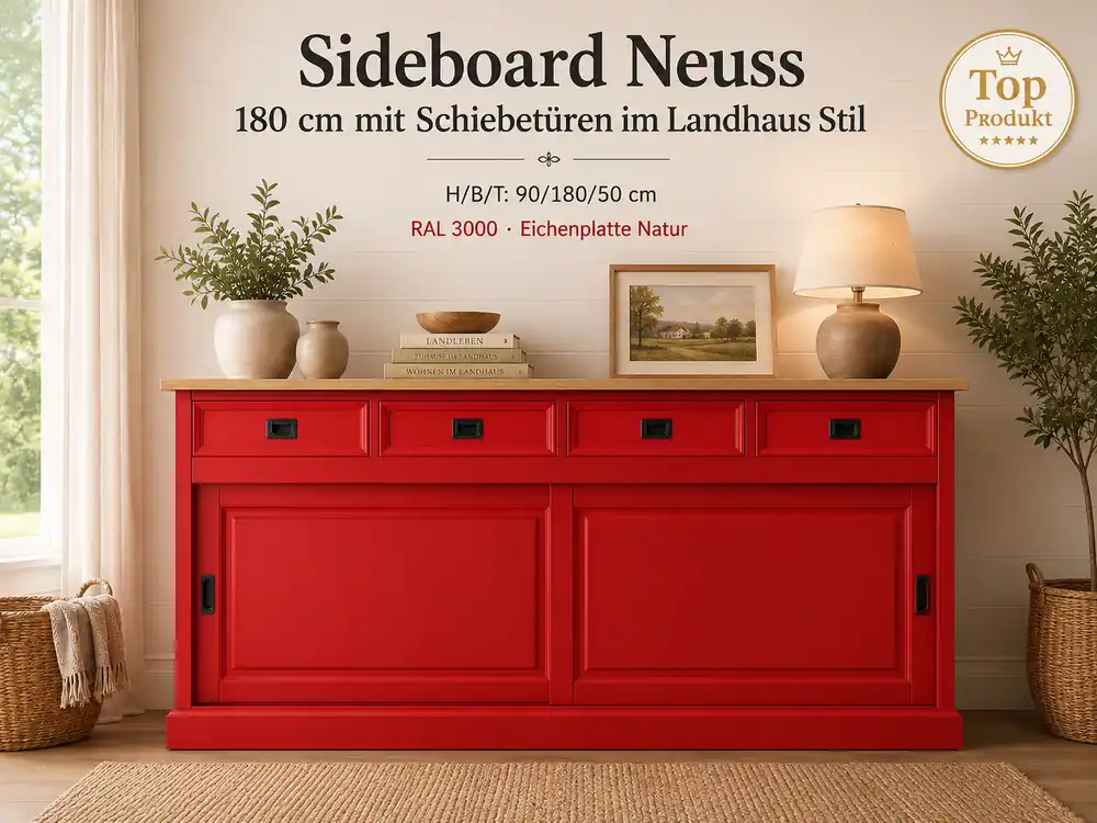 Geprüft Sideboard Neuss feuerrot/eiche 180 cm mit Schiebetüren im Landhaus Stil Kopie