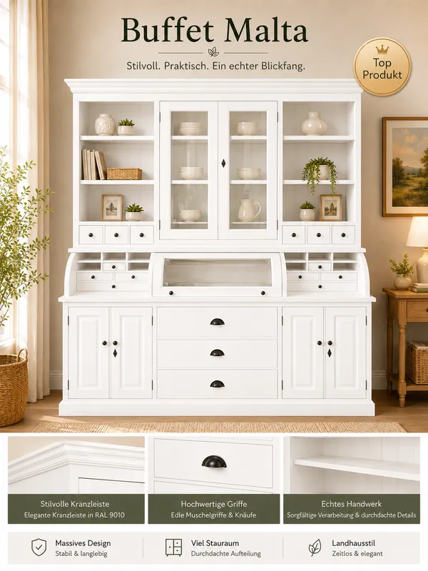 Landhaus Buffet Schrank Malta Ladenschrank weiss 200 cm Finale Aktion