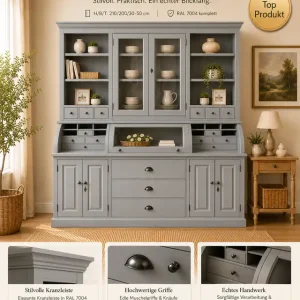 Zertifiziert Landhaus Buffet Schrank Malta Ladenschrank signalgrau 200 cm