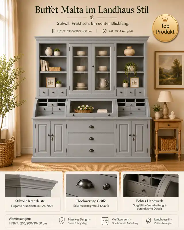 Zertifiziert Landhaus Buffet Schrank Malta Ladenschrank signalgrau 200 cm