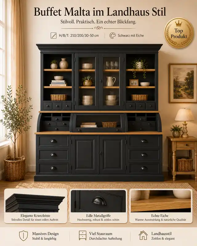 Landhaus Buffet Schrank Malta Ladenschrank schwarz mit Eiche 200 cm Nur Für Kurze Zeit