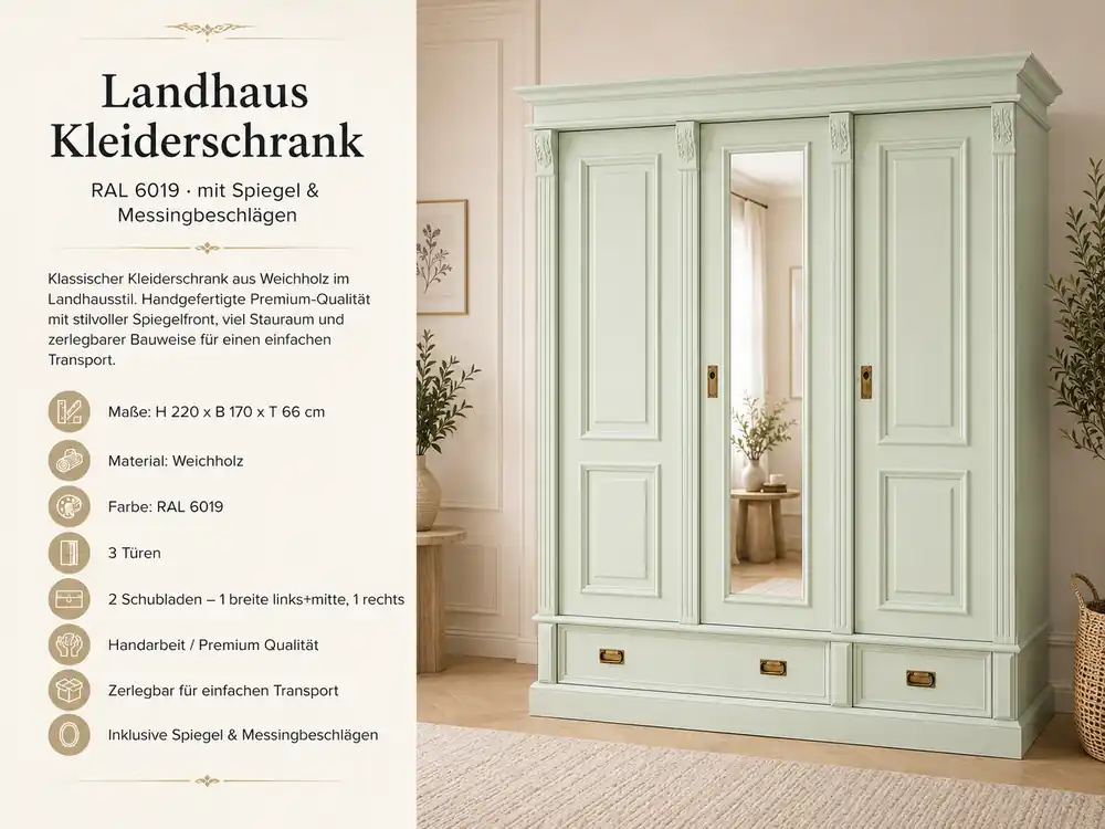 Premium 3-türiger Kleiderschrank Weißgrün – Weichholz, Landhausstil, mit Spiegel & 3 Schubladen Meistverkauft
