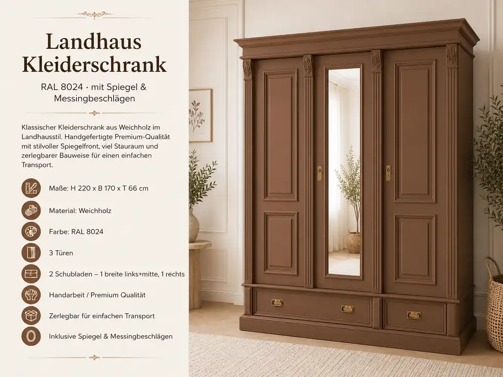 Top-Preis Premium 3-türiger Kleiderschrank beigebraun – Weichholz, Landhausstil, mit Spiegel & 3 Schubladen