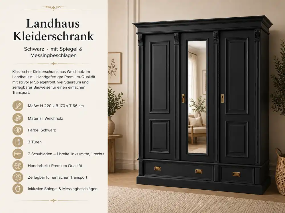 Super-Preis Premium 3-türiger Kleiderschrank schwarz – Weichholz, Landhausstil, mit Spiegel & 3 Schubladen