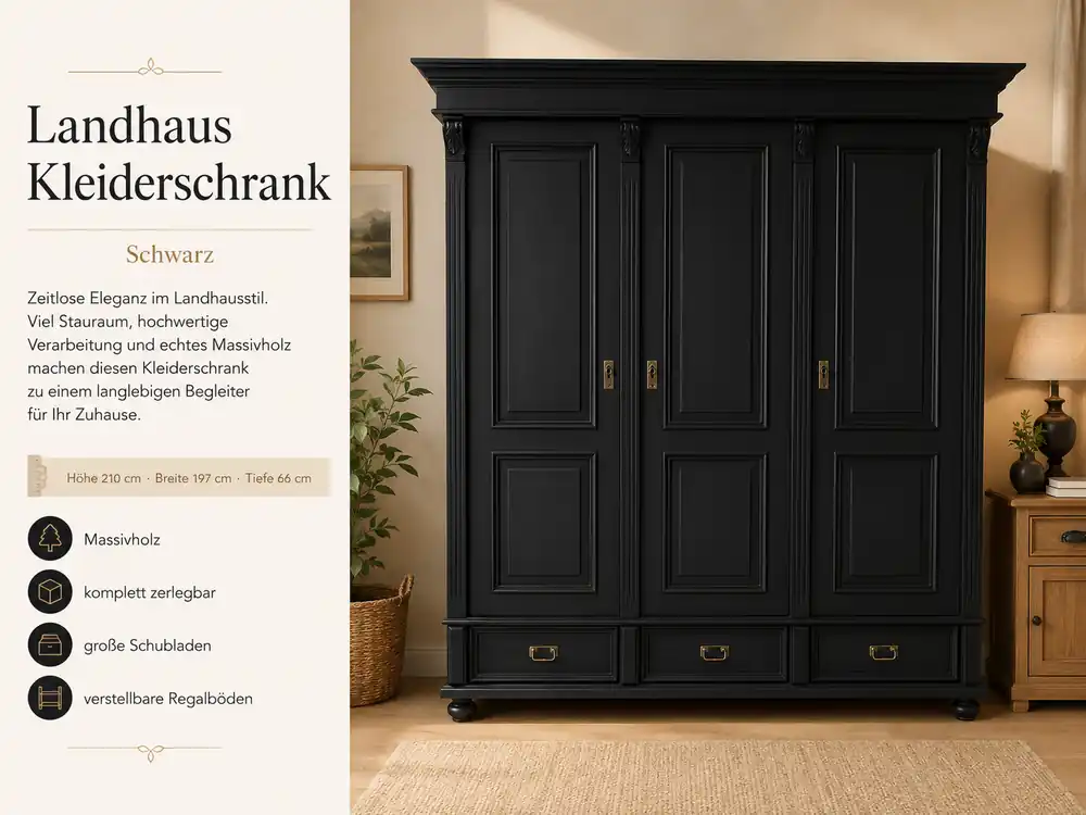 Mega-Angebot Premium Landhaus Kleiderschrank 3-türig, schwarzer Massivholz Schrank im Landhaus Stil