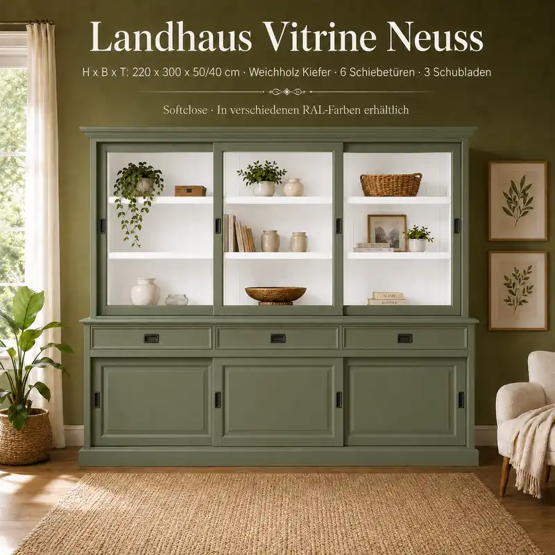 Vitrinenschrank Neuss 300 cm Resedagrün-weiß, Vitrine Mega-Angebot