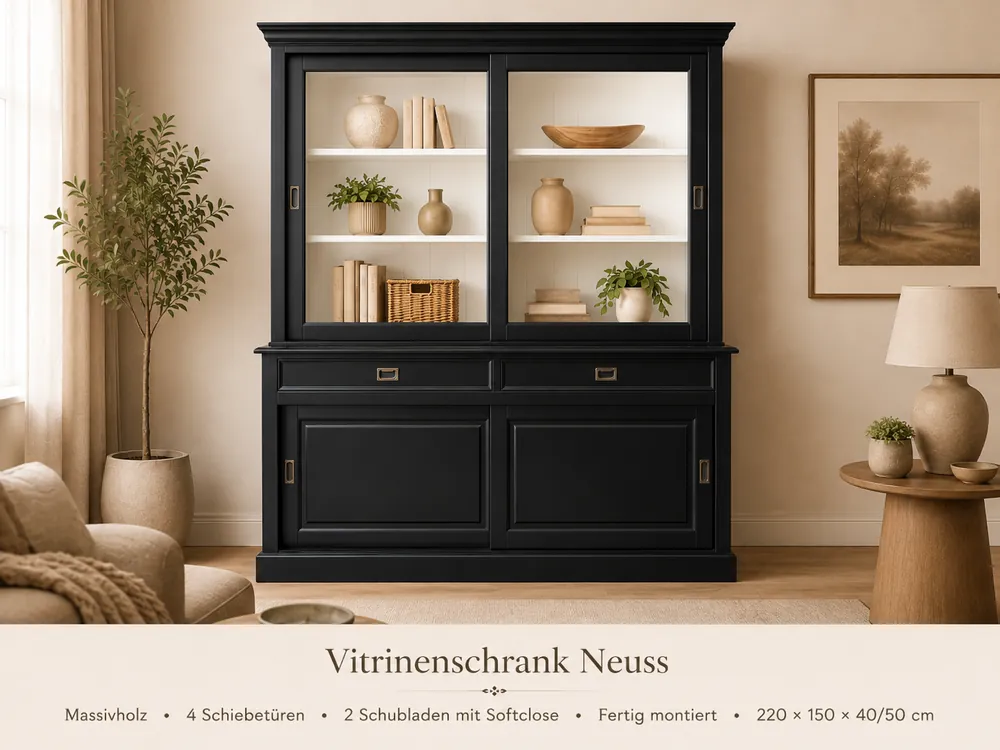 Landhaus Vitrinenschrank Neuss 150 cm Schwarz -Weiß Buffetschrank Direktkauf