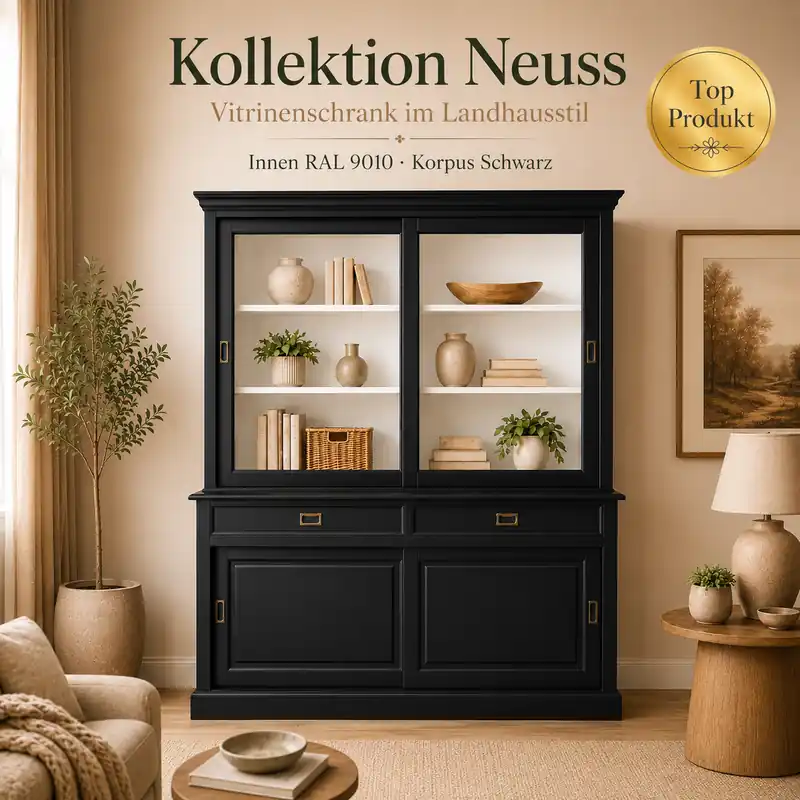 Begrenztes Angebot Landhaus Vitrinenschrank Neuss 220 cm Schwarz -Weiß Buffetschrank