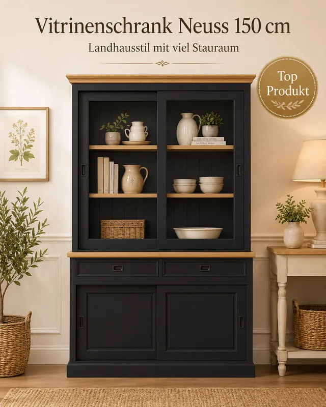 Letzte Chance Vitrinen Schrank Neuss 150 cm schwarz/eiche - Buffet Schrank mit Schiebetüren