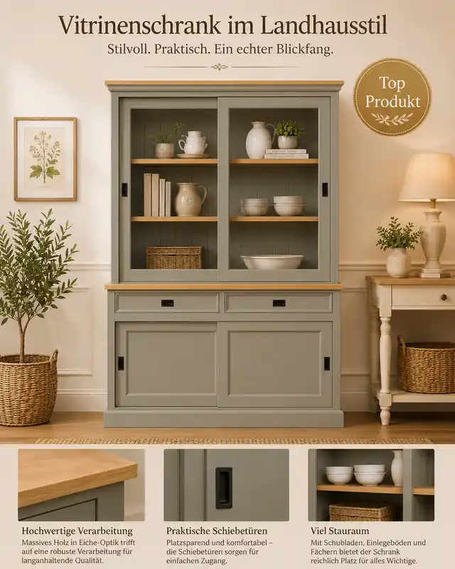 Vitrinen Schrank Neuss 150 cm Zementgrau/eiche - Buffet Schrank mit Schiebetüren Preis Gesenkt