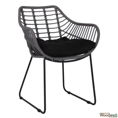 Solange Der Vorrat Reicht Moderner Outdoor-Sessel aus massivem Metallrahmen in Schwarz und gefüttert mit gestricktem Korb in Grau