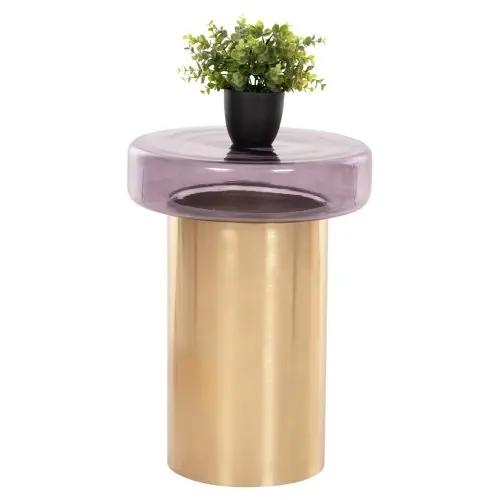 Sonderangebot Runder Beistelltisch Carmo, violette Glasplatte, goldener Metallsockel, Φ39Χ54Hcm