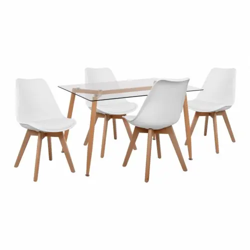 Nur Für Kurze Zeit SET VON 5 STÜCK NATÜRLICHER TISCH MIT GLAS & VEGAS STÜHLE WEISS FARBE