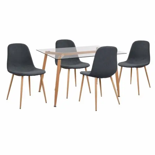 SET VON 5 STÜCK NATÜRLICHER TISCH MIT GLAS & STÜHLEN LEONARDO GRAU STOFF Angebot