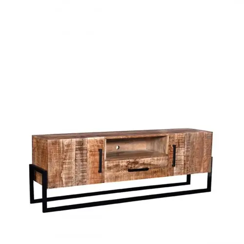 Nur Für Kurze Zeit TV-Möbel Bolivien 174x40x60 Cm Raues Mangoholz | Schwarzes Metall