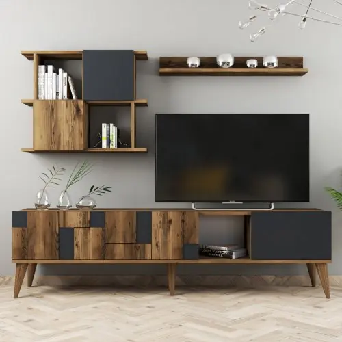 MELAMIN-FERNSEHMÖBEL AUS NUSSBAUM UND ANTHRAZIT 180x33,8x48,6cm Versand Am Gleichen Tag