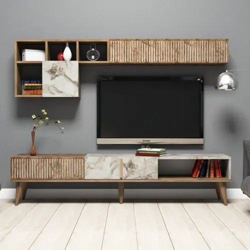 MELAMIN-FERNSEHMÖBEL IN NUSSBAUM UND WEISS 180x35x40cm Must-Have