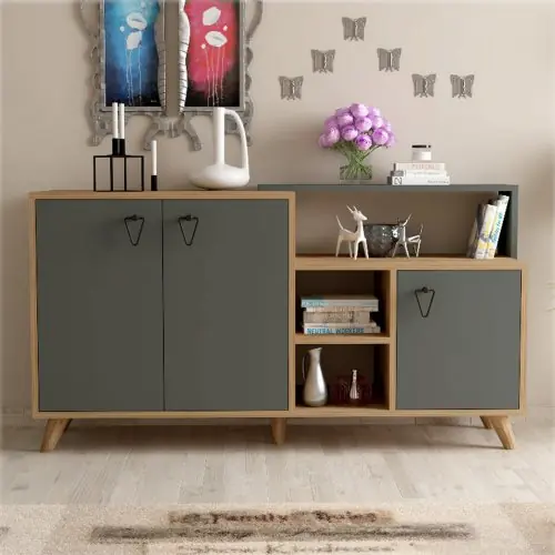 Must-Have SIDEBOARDS AUS MELAMIN IN WALNUSS UND 3 TÜREN IN ANTHRAZIT 143x42,3x78,6cm