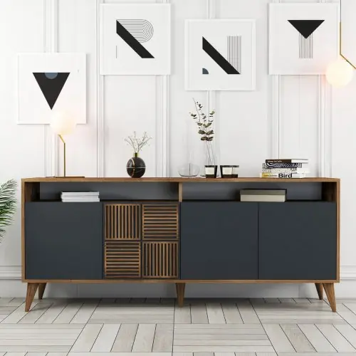SIDEBOARDS AUS MELAMIN AUS NUSSBAUM MIT TÜREN IN CHARCOAL 180x35x78.6cm Sichere Zahlung