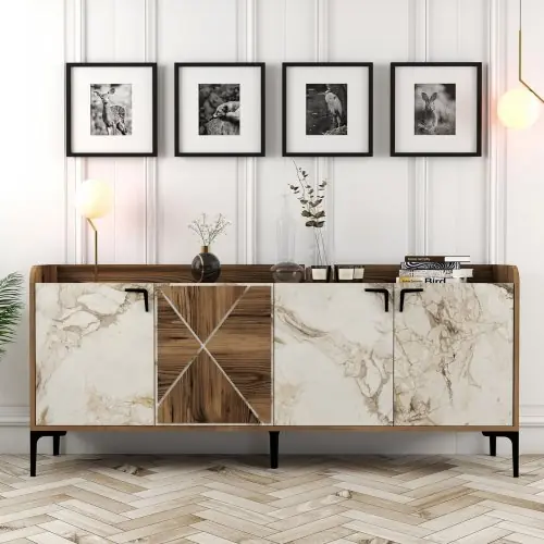Bestpreis SCHRANK BUFFET AUS MELAMIN WEIß UND NUSSBAUM 180x45x78,6cm
